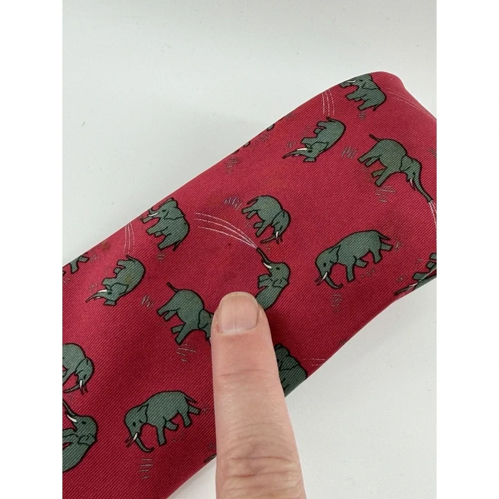 Hermes Paris Necktie Elephant Print 100% Silk Red Men's France Luxury High End